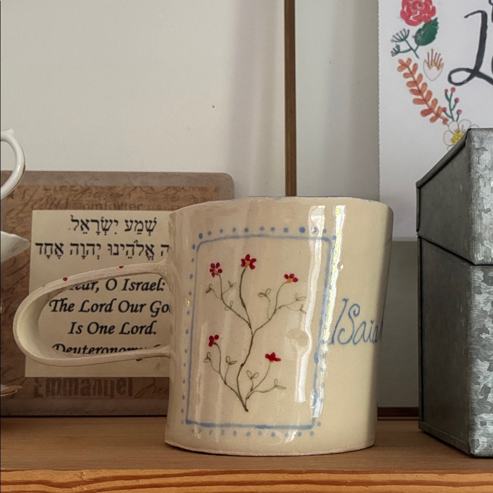 Floral Ceramic Mug with Red Accents